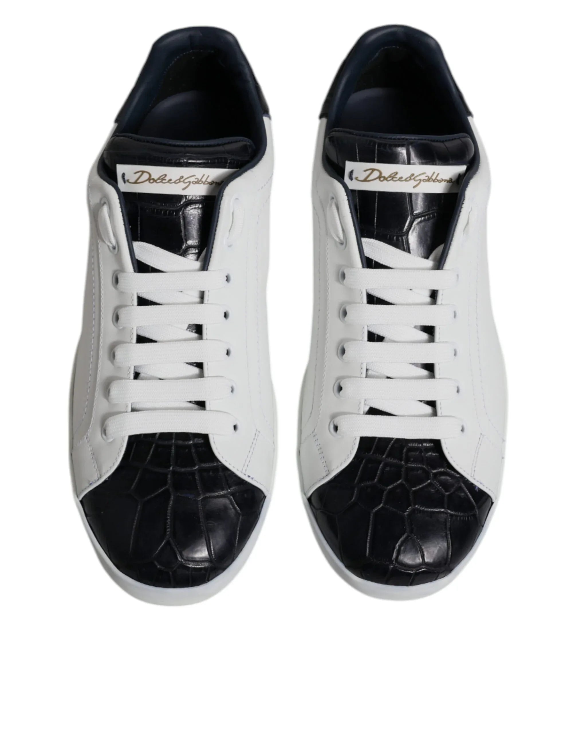 Dolce & Gabbana White Black Leather Portofino Sneakers Shoes - Zeiniez