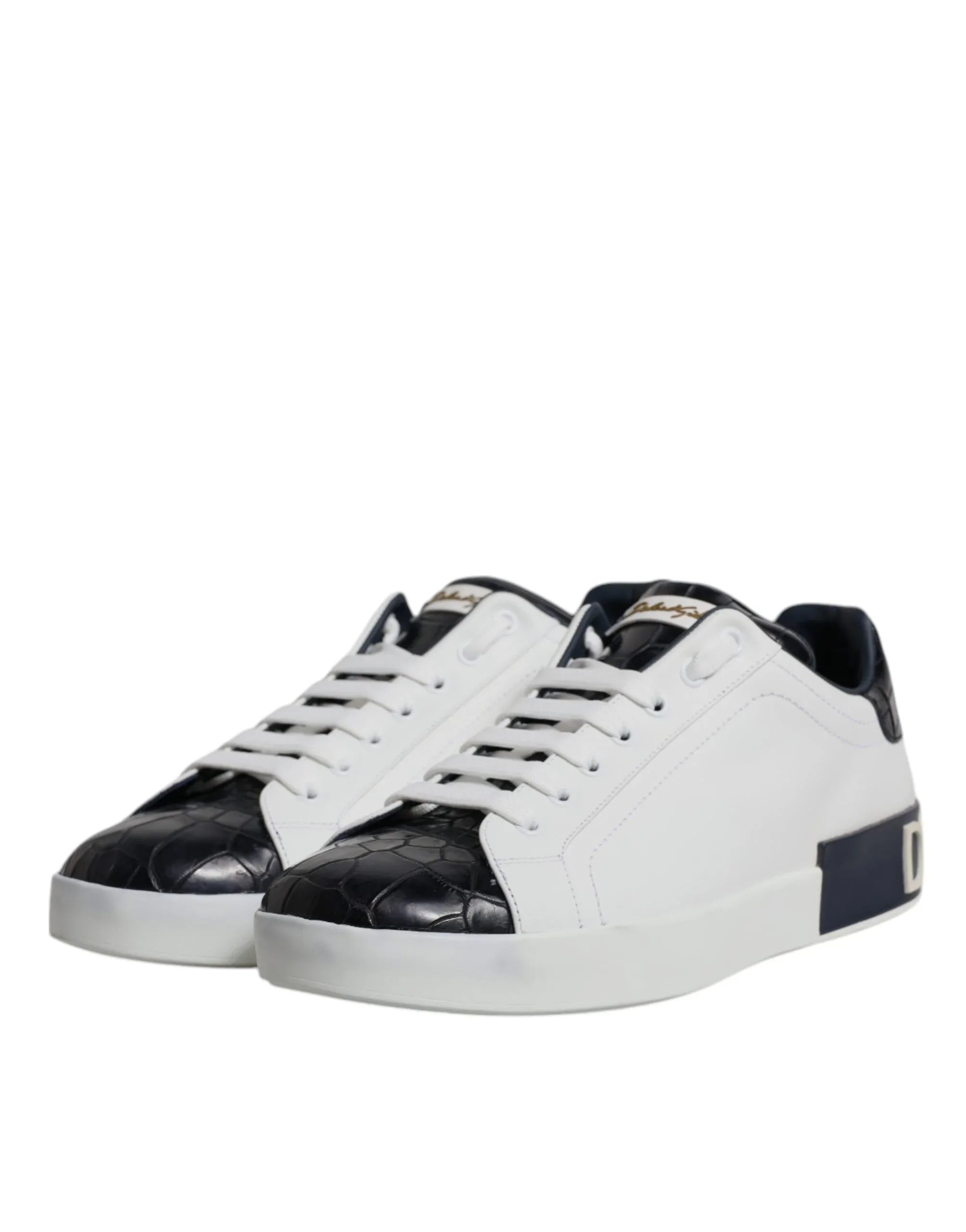 Dolce & Gabbana White Black Leather Portofino Sneakers Shoes - Zeiniez