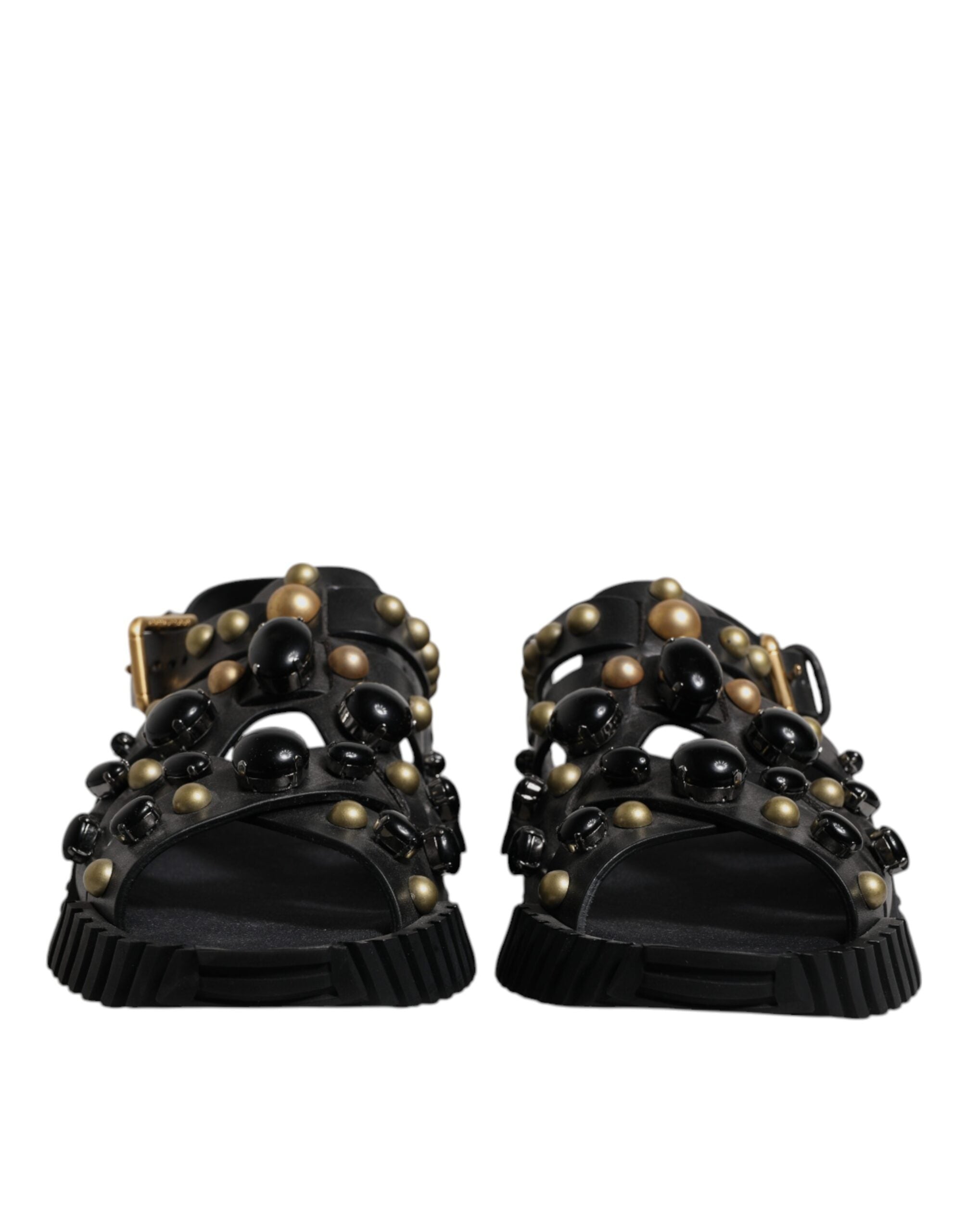 Dolce & Gabbana Black Leather Studded Slides Sandals Shoes - Zeiniez