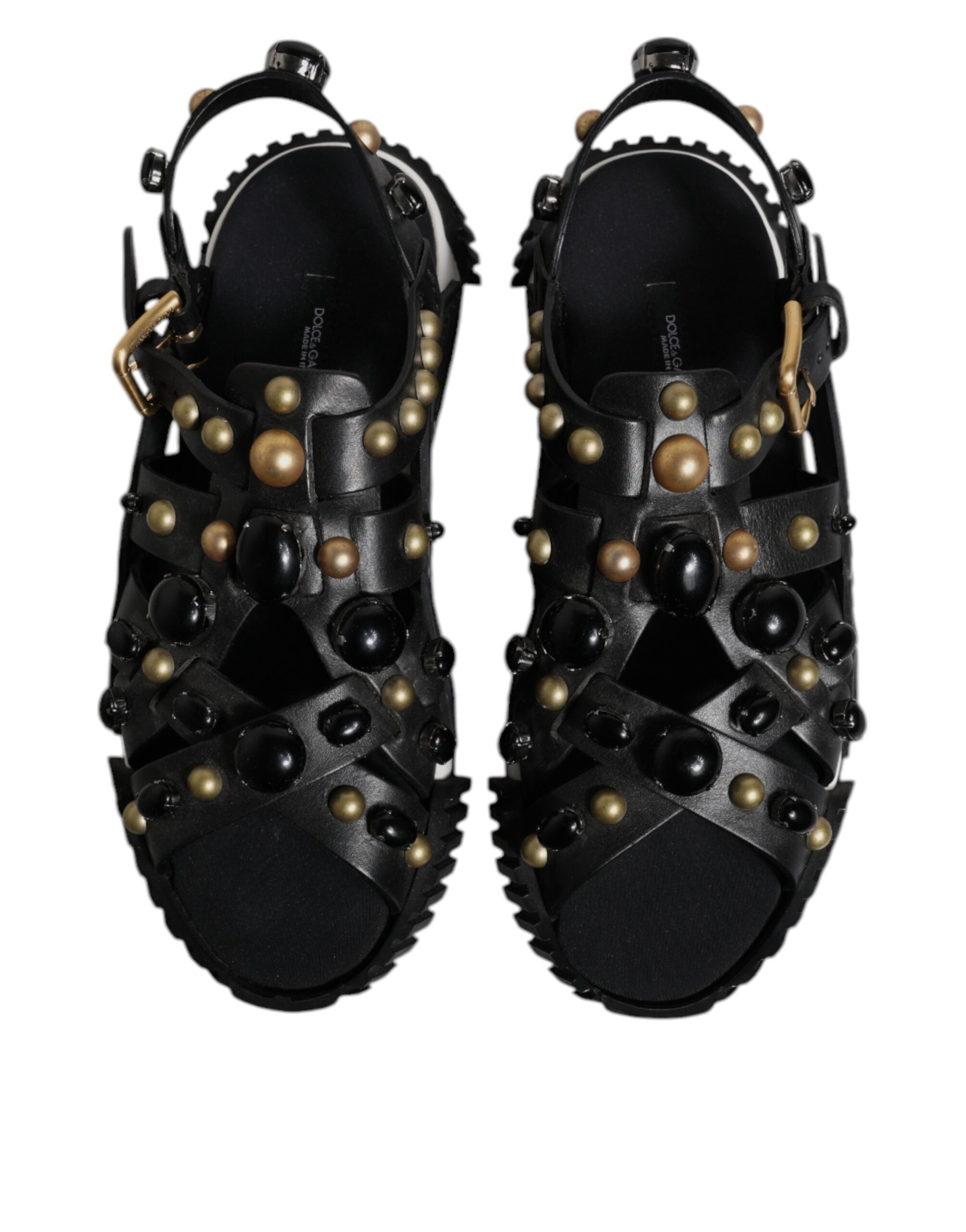 Dolce & Gabbana Black Leather Studded Slides Sandals Shoes - Zeiniez