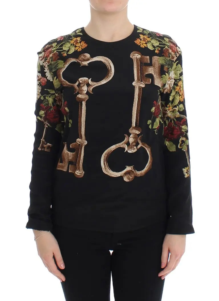Dolce & Gabbana Black Key Floral Print Silk Blouse Top Dolce & Gabbana