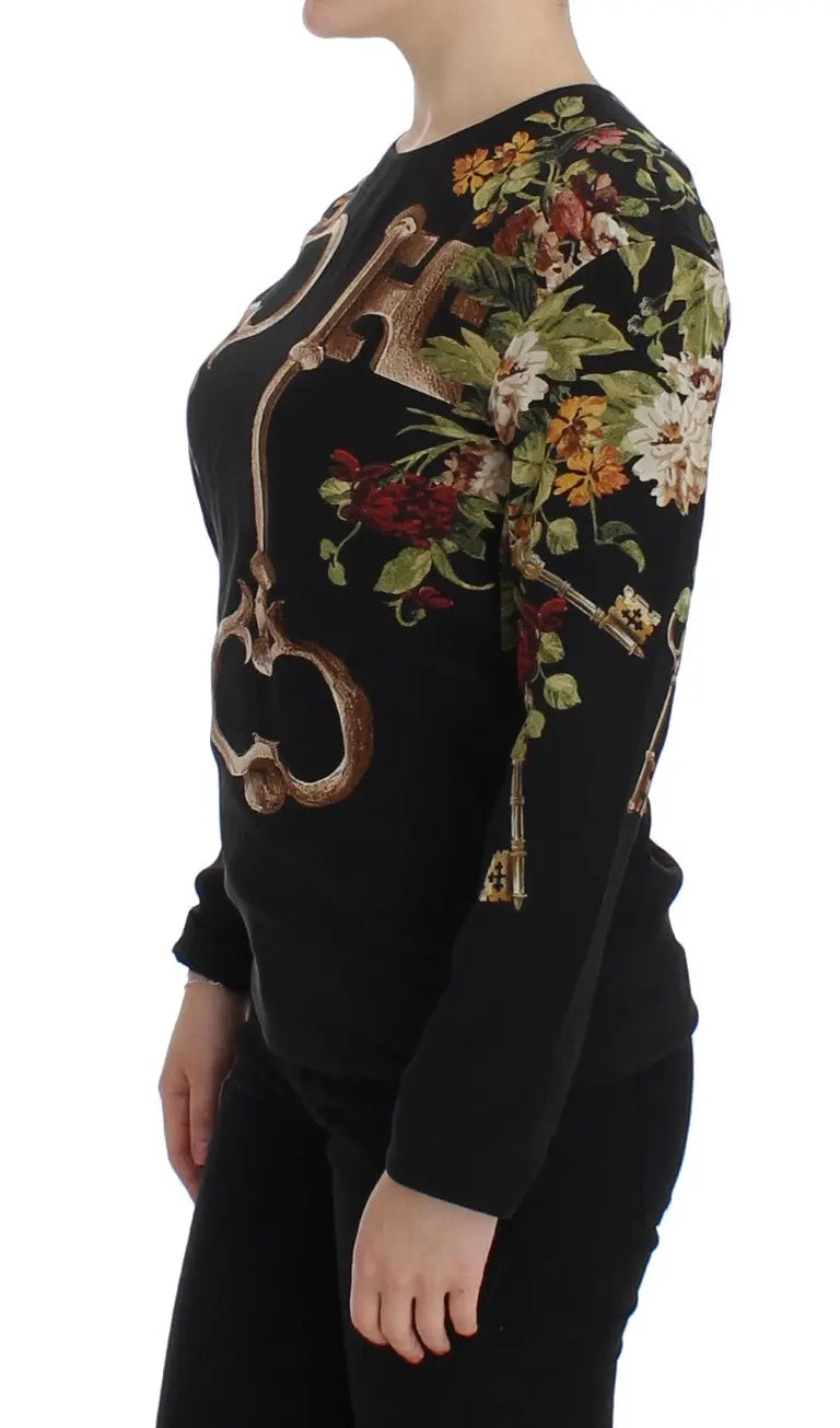 Dolce & Gabbana Black Key Floral Print Silk Blouse Top Dolce & Gabbana