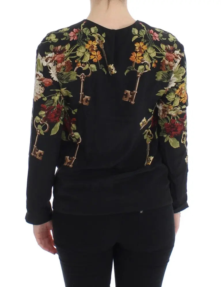 Dolce & Gabbana Black Key Floral Print Silk Blouse Top Dolce & Gabbana