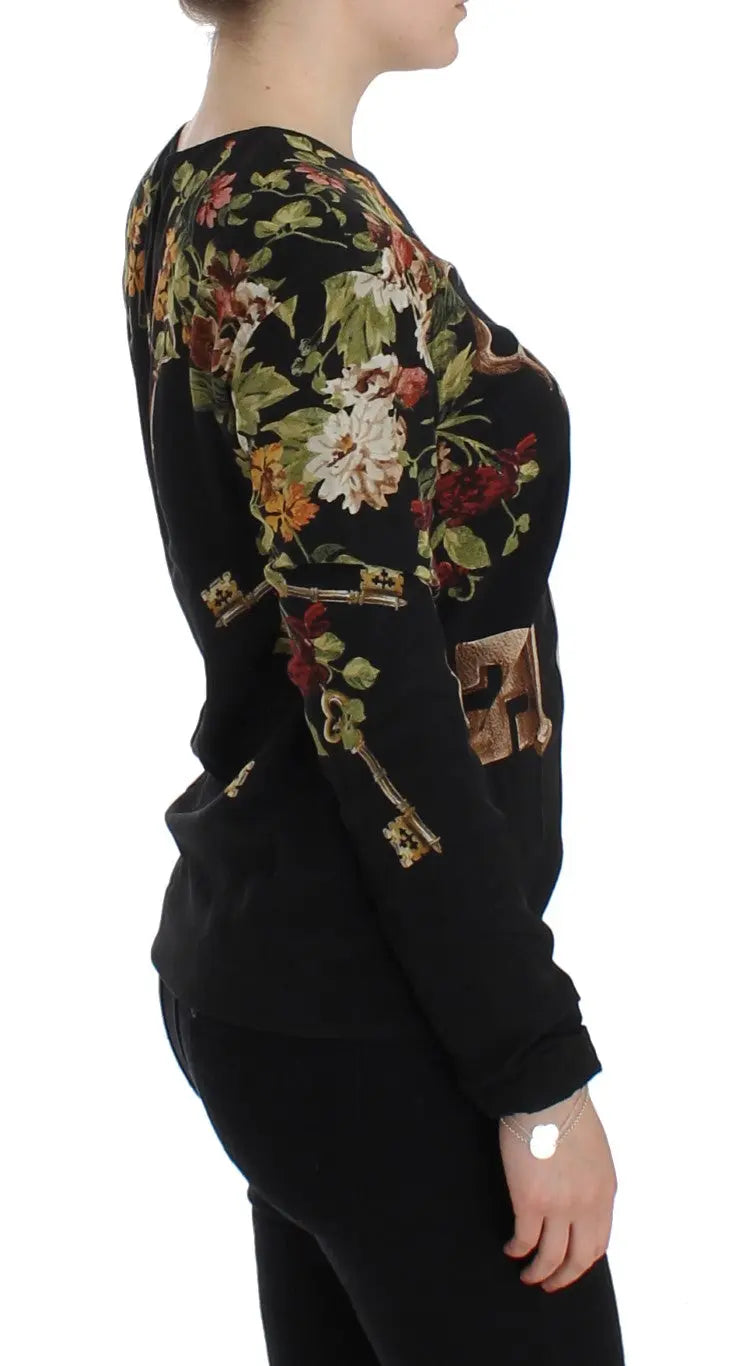 Dolce & Gabbana Black Key Floral Print Silk Blouse Top Dolce & Gabbana