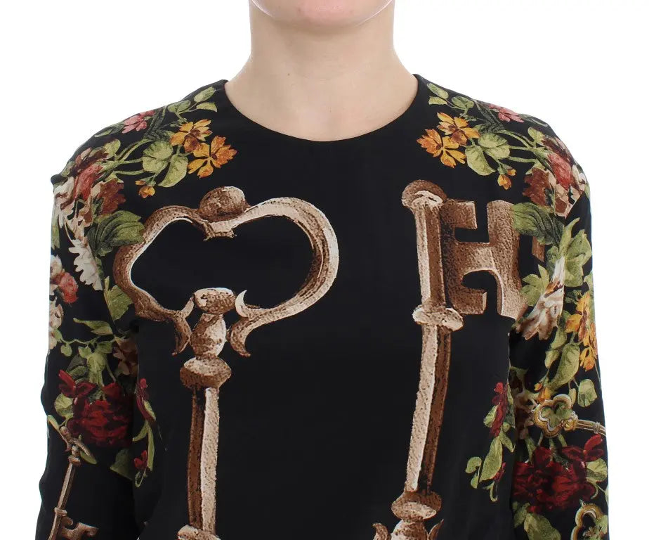 Dolce & Gabbana Black Key Floral Print Silk Blouse Top Dolce & Gabbana