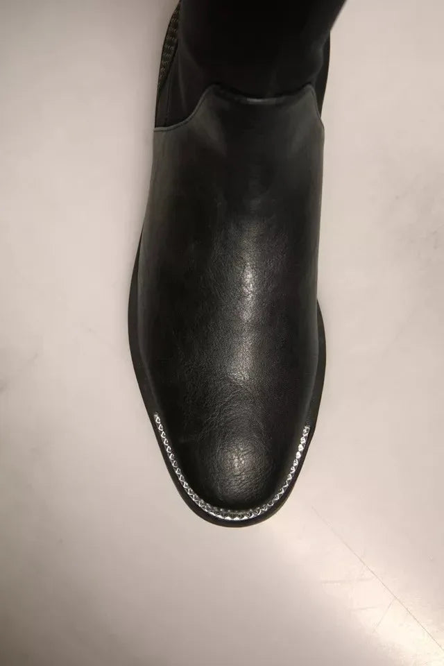 MY TWIN Black Leather Suede Flats High Boots Shoes - Zeiniez