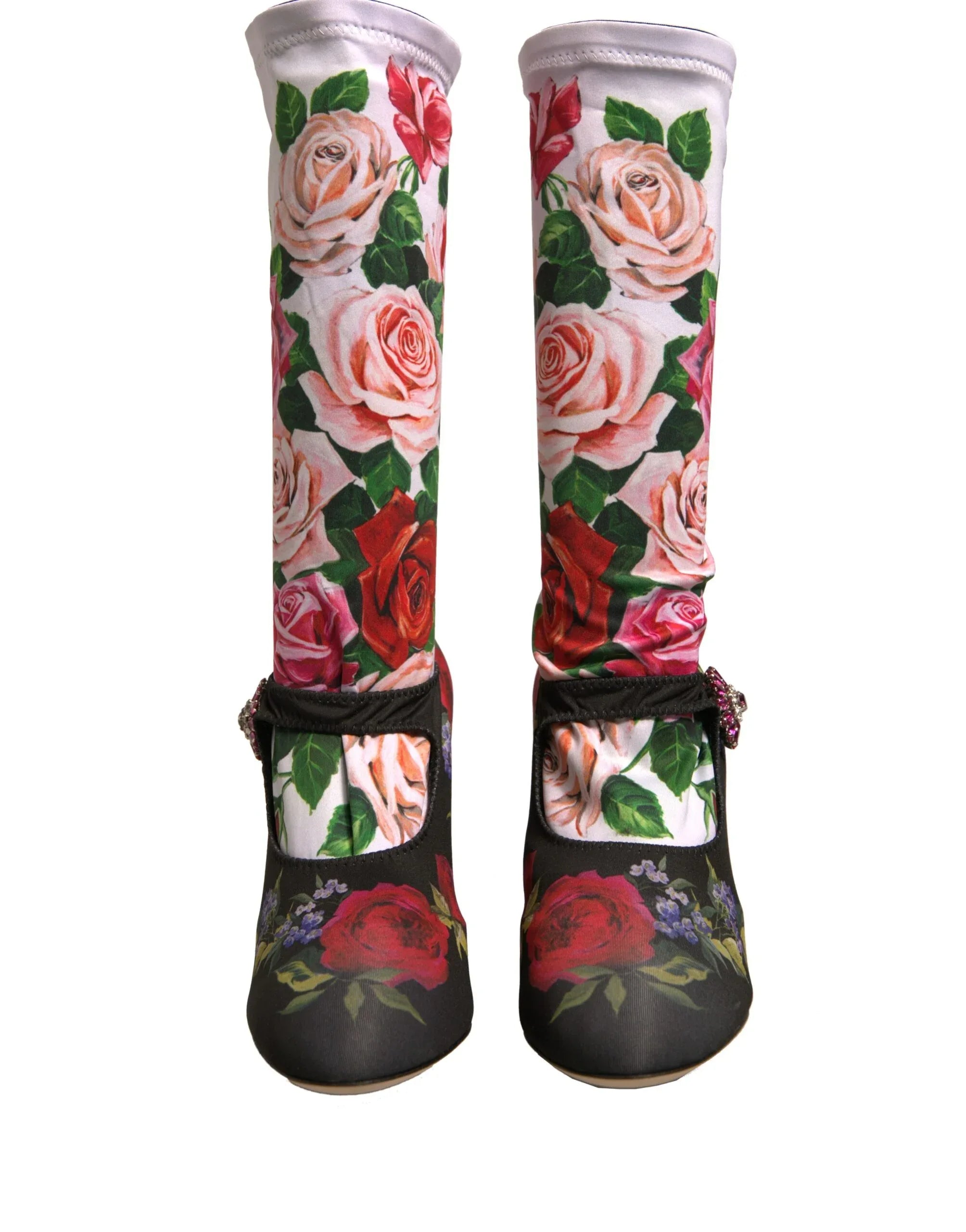 Dolce & Gabbana Black Floral Socks Crystal Boots Jersey Shoes - Zeiniez