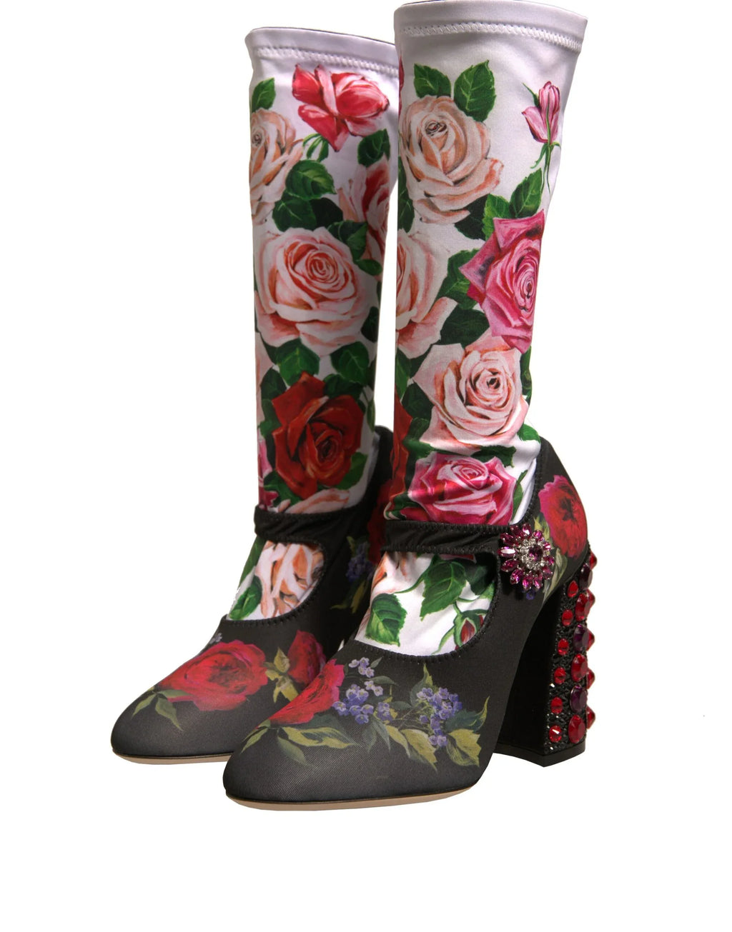 Dolce & Gabbana Black Floral Socks Crystal Boots Jersey Shoes - Zeiniez