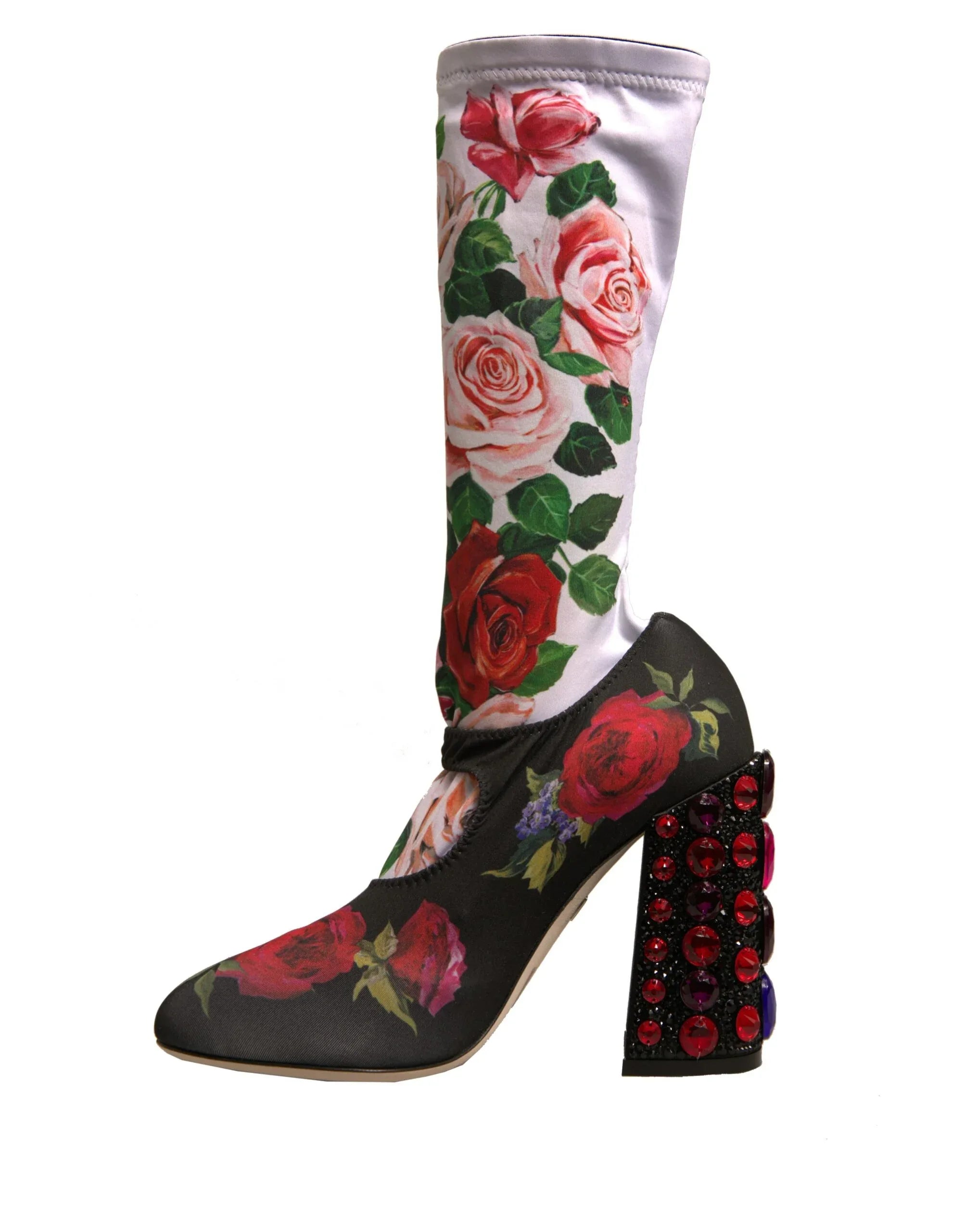 Dolce & Gabbana Black Floral Socks Crystal Boots Jersey Shoes - Zeiniez