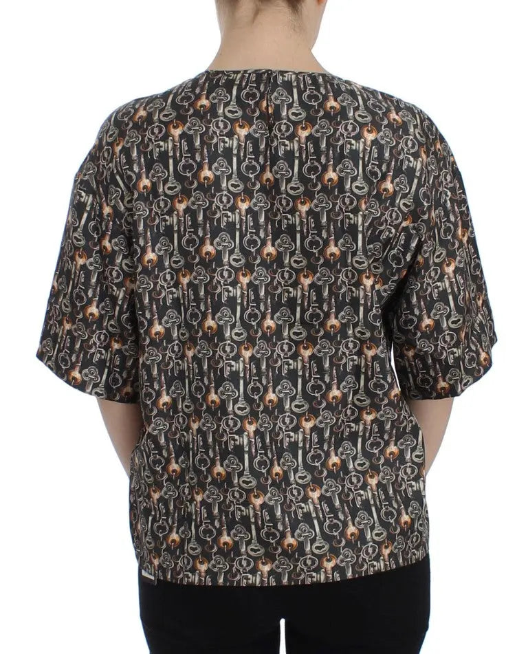Dolce & Gabbana Gray Gold Key Print Silk Blouse T-shirt Dolce & Gabbana