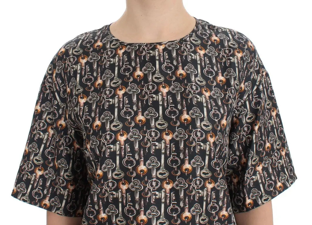 Dolce & Gabbana Gray Gold Key Print Silk Blouse T-shirt Dolce & Gabbana