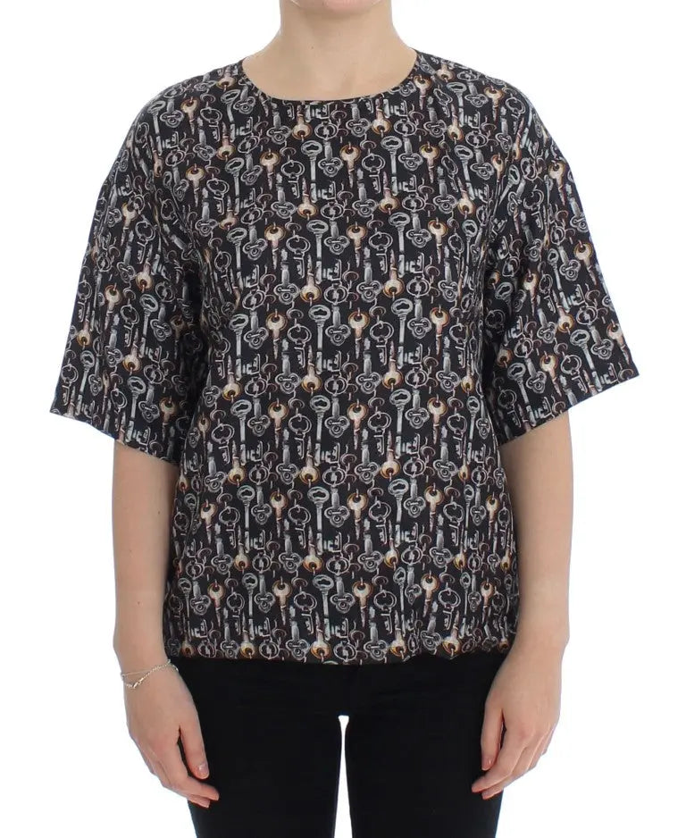 Dolce & Gabbana Gray Gold Key Print Silk Blouse T-shirt Dolce & Gabbana