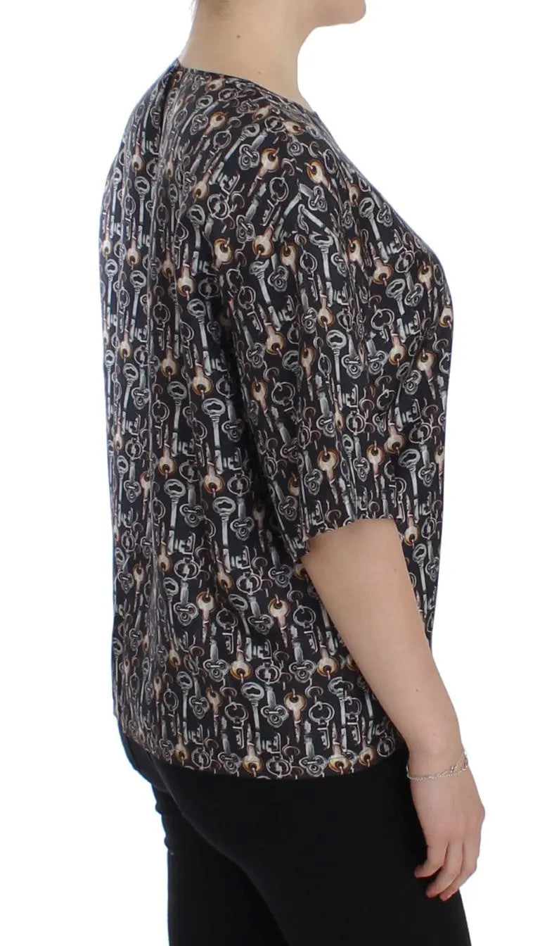 Dolce & Gabbana Gray Gold Key Print Silk Blouse T-shirt Dolce & Gabbana