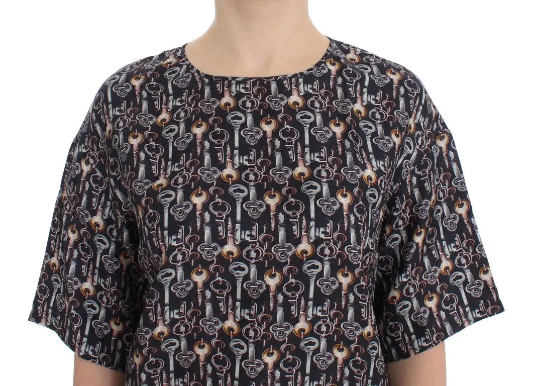 Dolce & Gabbana Gray Gold Key Print Silk Blouse T-shirt Dolce & Gabbana