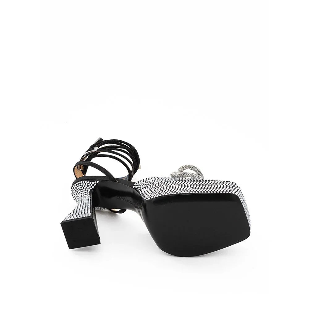 MACH & MACH Black Leather Stiletto Heel Sandals - Zeiniez