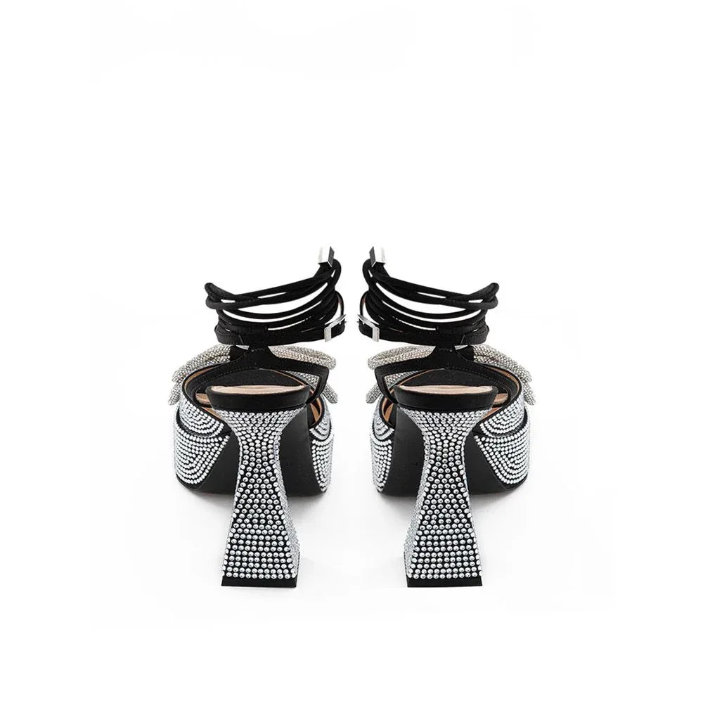 MACH & MACH Black Leather Stiletto Heel Sandals - Zeiniez