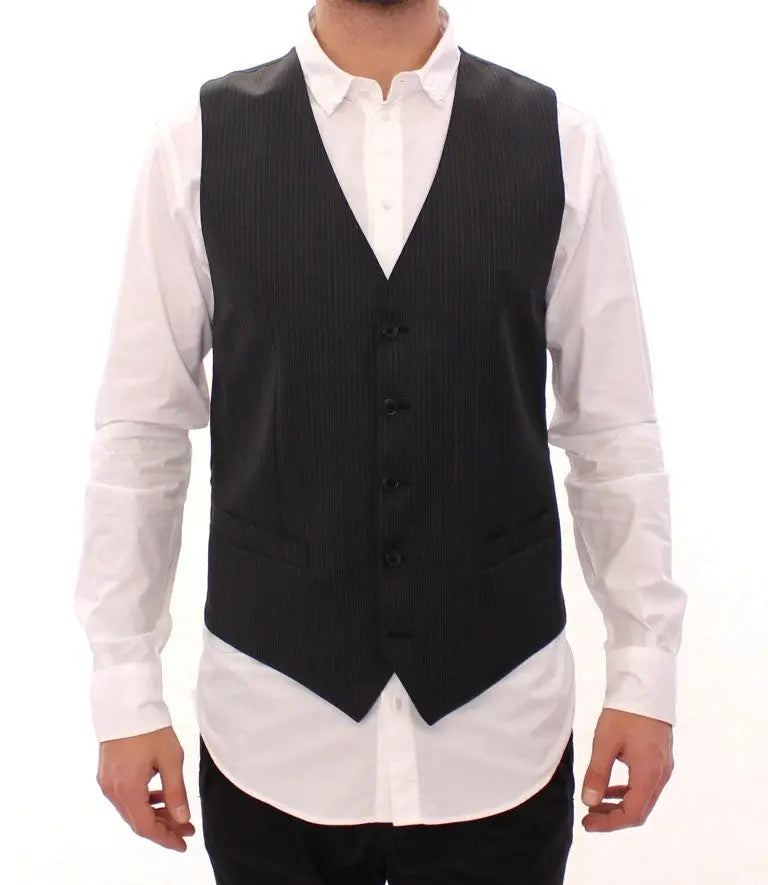 Dolce & Gabbana Gray Striped Wool Single Breasted Vest Dolce & Gabbana