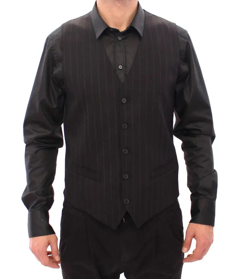 Dolce & Gabbana Black Striped Wool Logo Vest Dolce & Gabbana