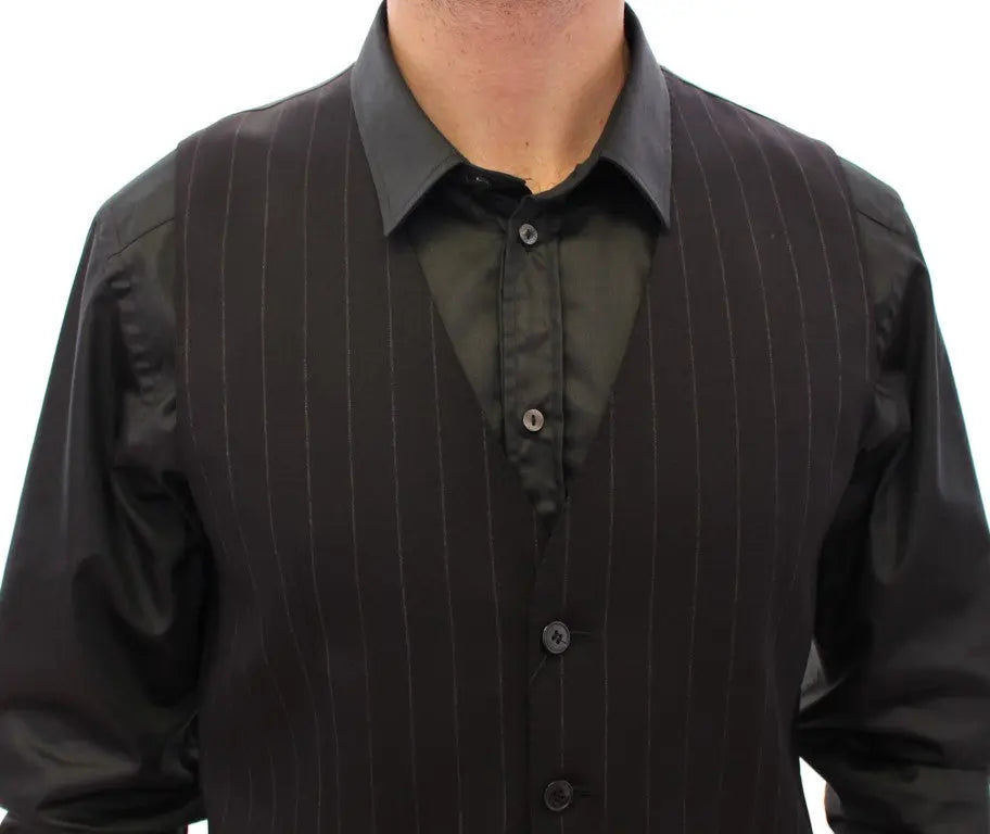 Dolce & Gabbana Black Striped Wool Logo Vest Dolce & Gabbana