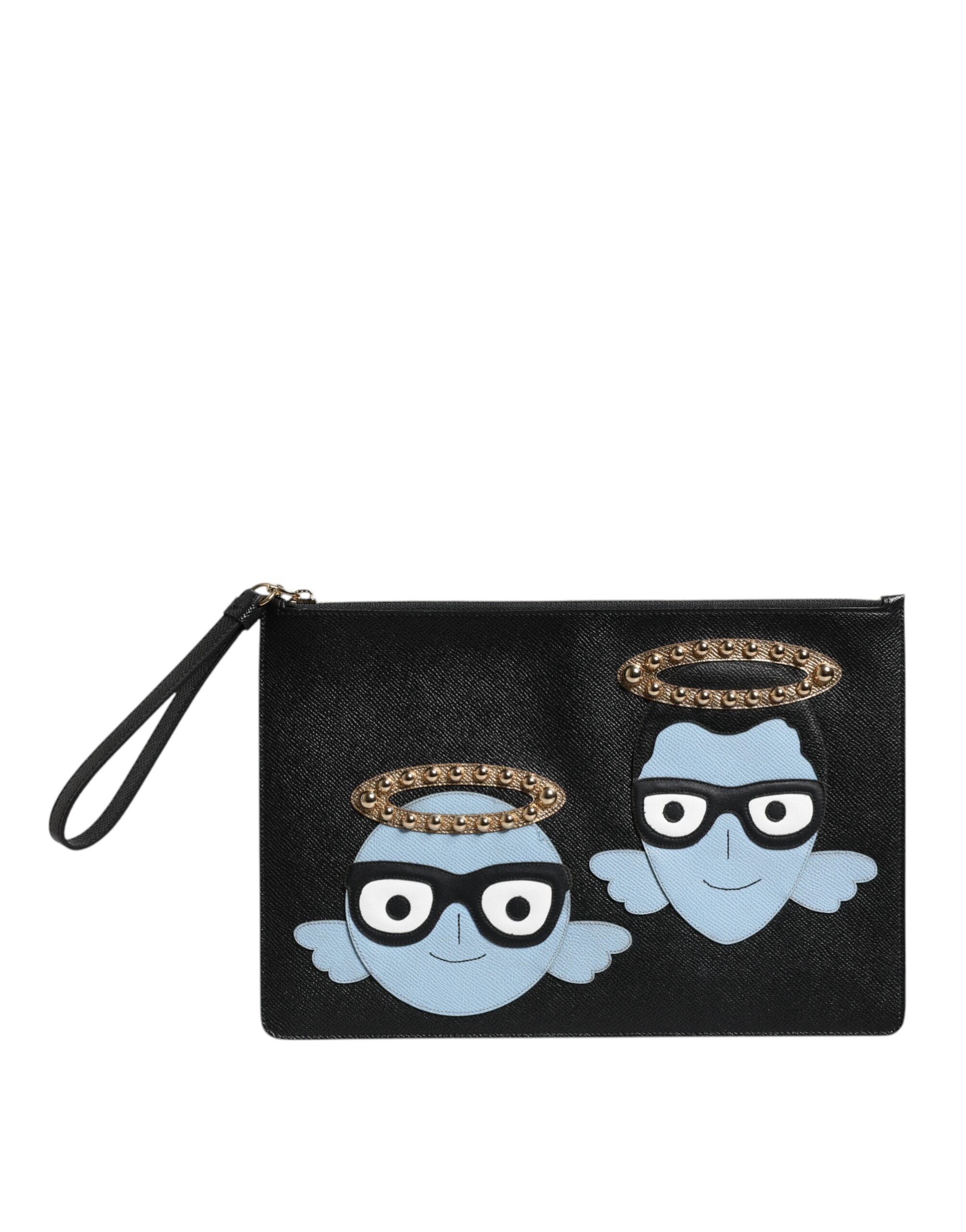 Dolce & Gabbana Black Leather #DGFAMILY Embellished Men Zip Pouch Bag - Zeiniez