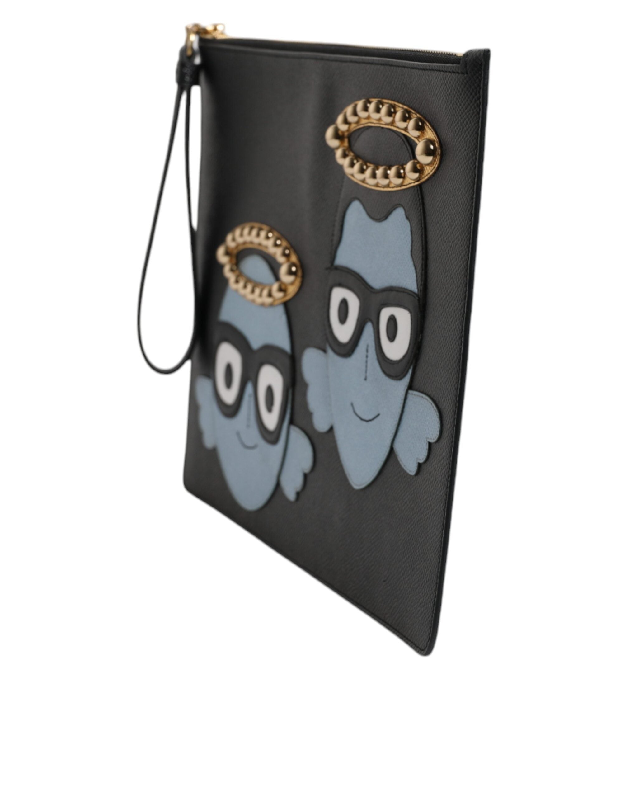 Dolce & Gabbana Black Leather #DGFAMILY Embellished Men Zip Pouch Bag - Zeiniez