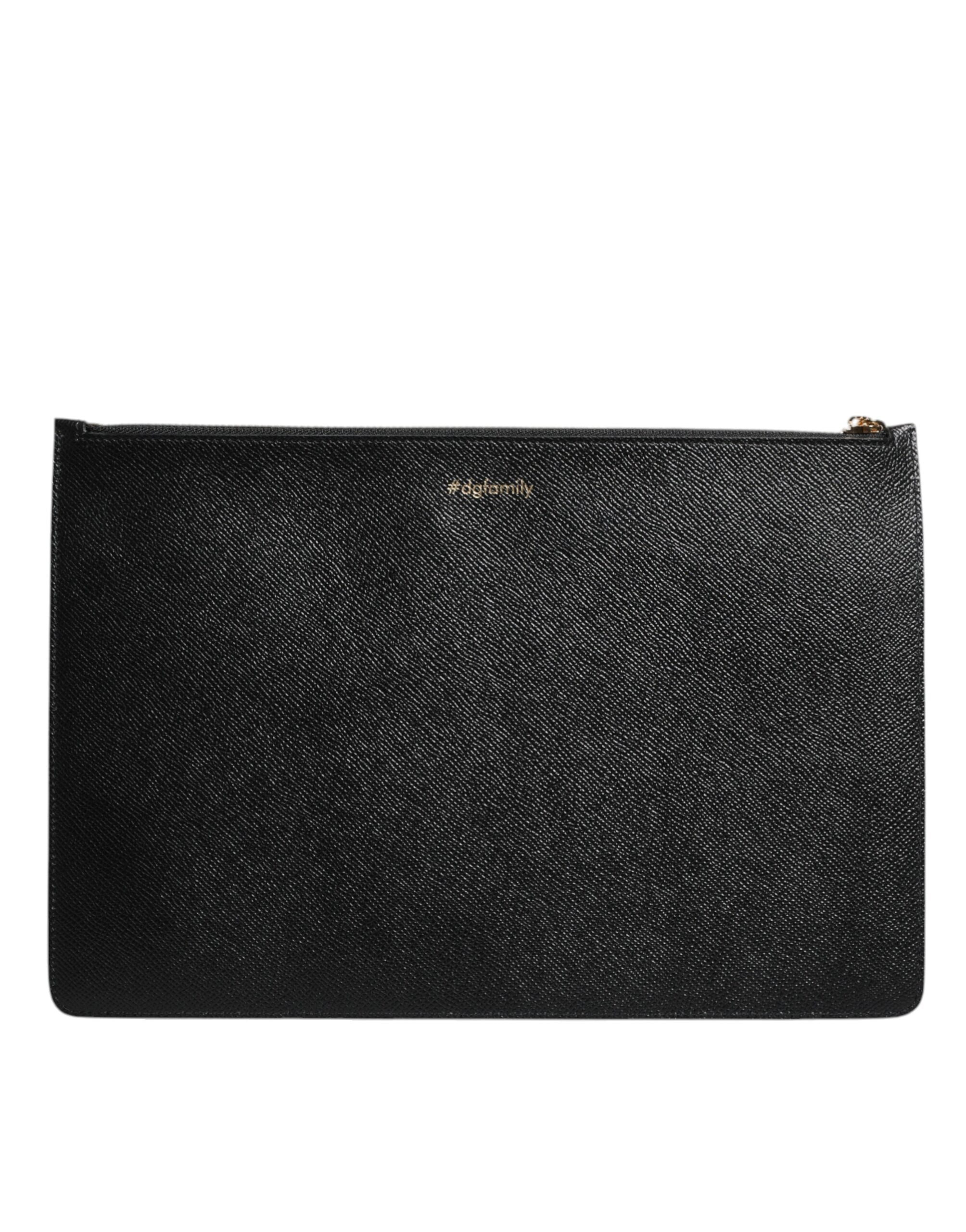 Dolce & Gabbana Black Leather #DGFAMILY Embellished Men Zip Pouch Bag - Zeiniez