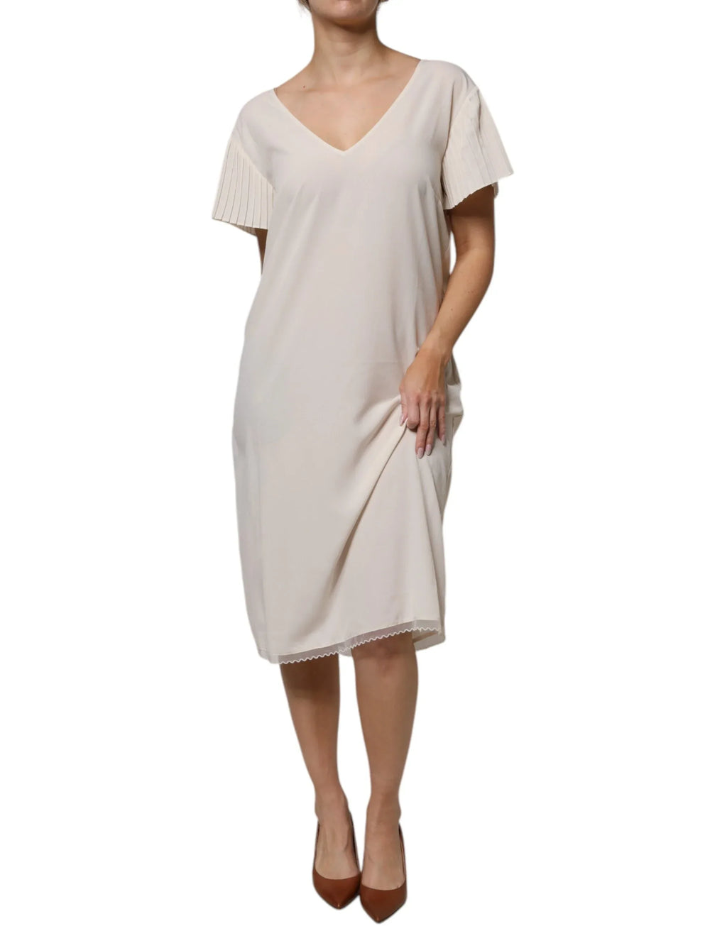 Peserico Off White Short Sleeves V-neck Shift Midi Dress - Zeiniez