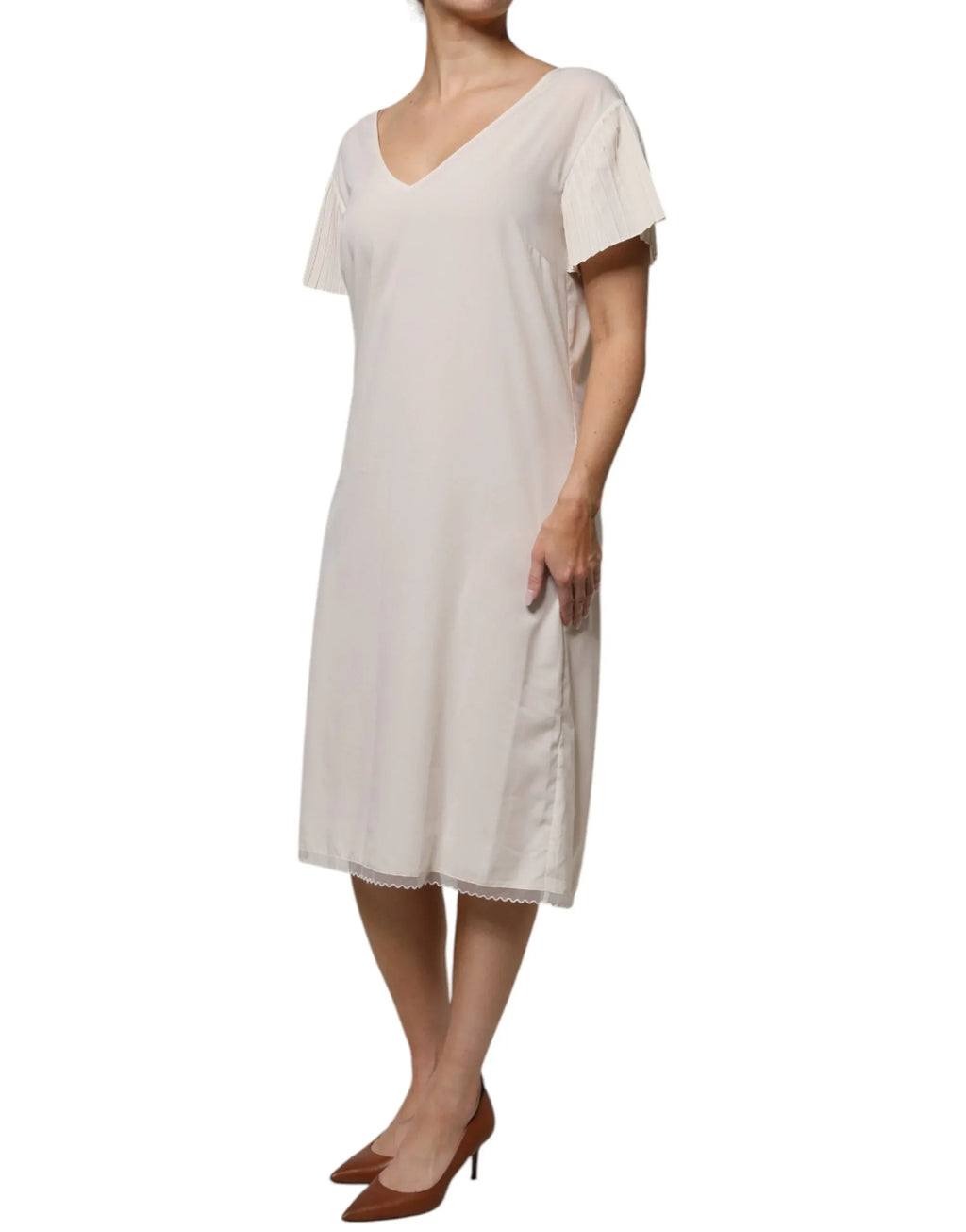Peserico Off White Short Sleeves V-neck Shift Midi Dress - Zeiniez