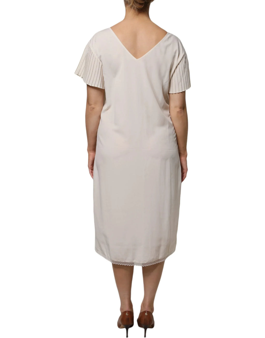 Peserico Off White Short Sleeves V-neck Shift Midi Dress - Zeiniez
