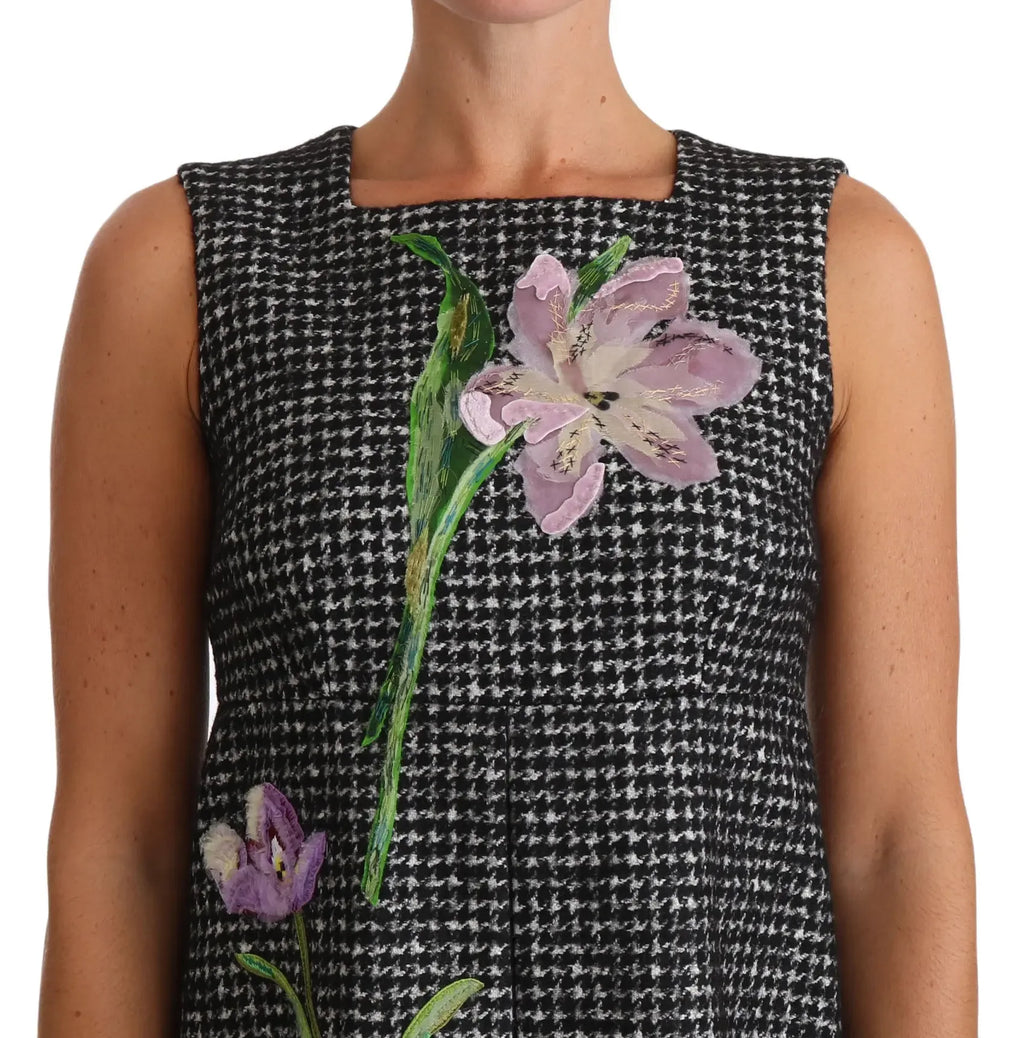 Dolce & Gabbana Gray Houndstooth Floral Appliqué Shift Mini Dress - Zeiniez