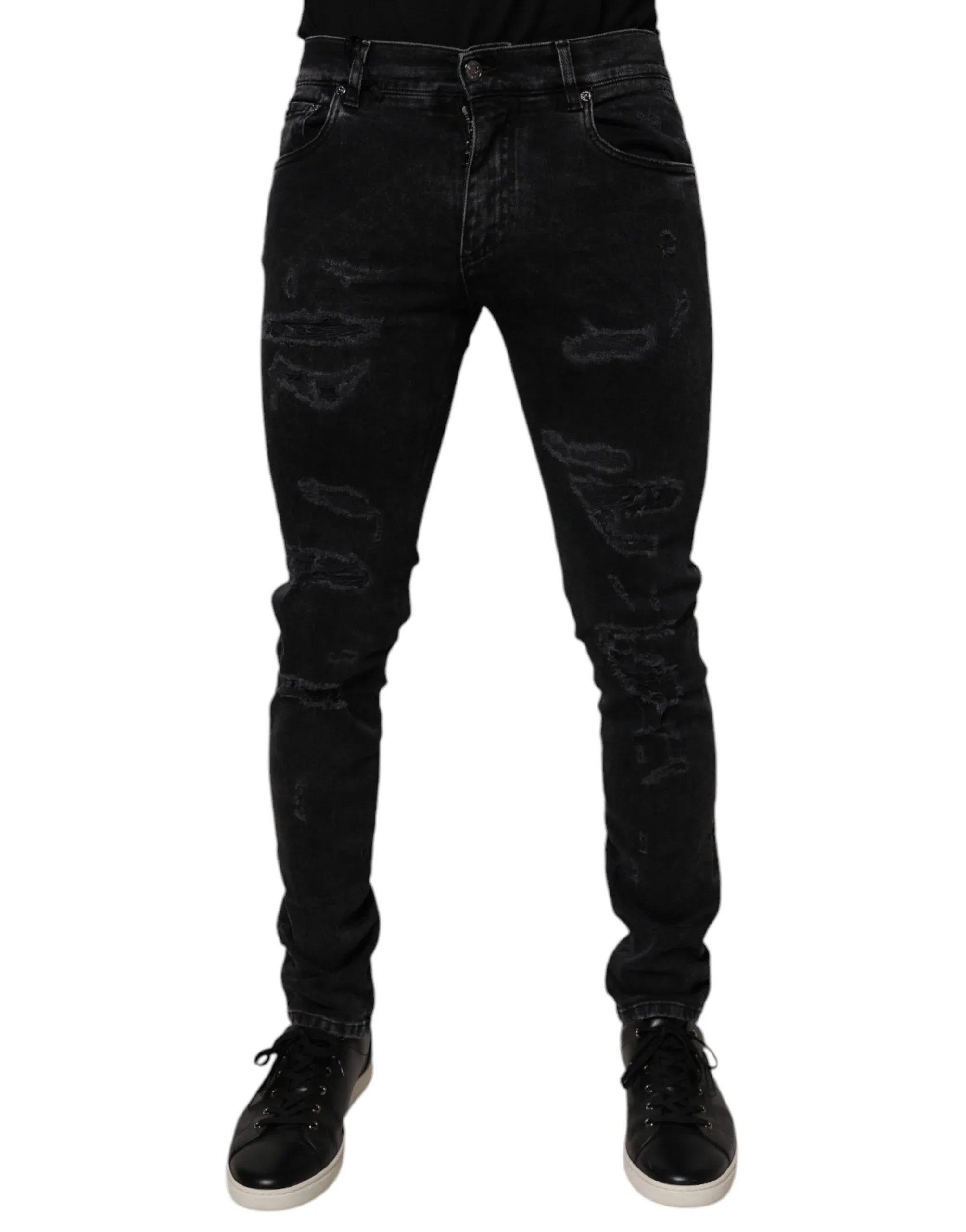 Dolce & Gabbana Black Tattered Cotton Skinny Men Denim Jeans - Zeiniez