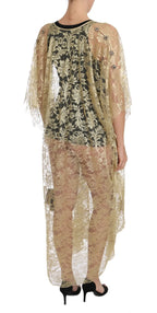 Dolce & Gabbana Gold Floral Lace Crystal Gown Cape Dress - Zeiniez