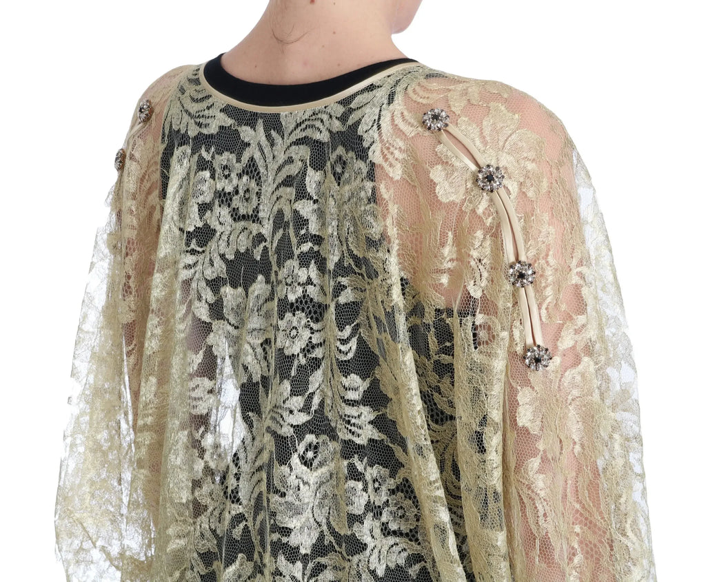 Dolce & Gabbana Gold Floral Lace Crystal Gown Cape Dress - Zeiniez