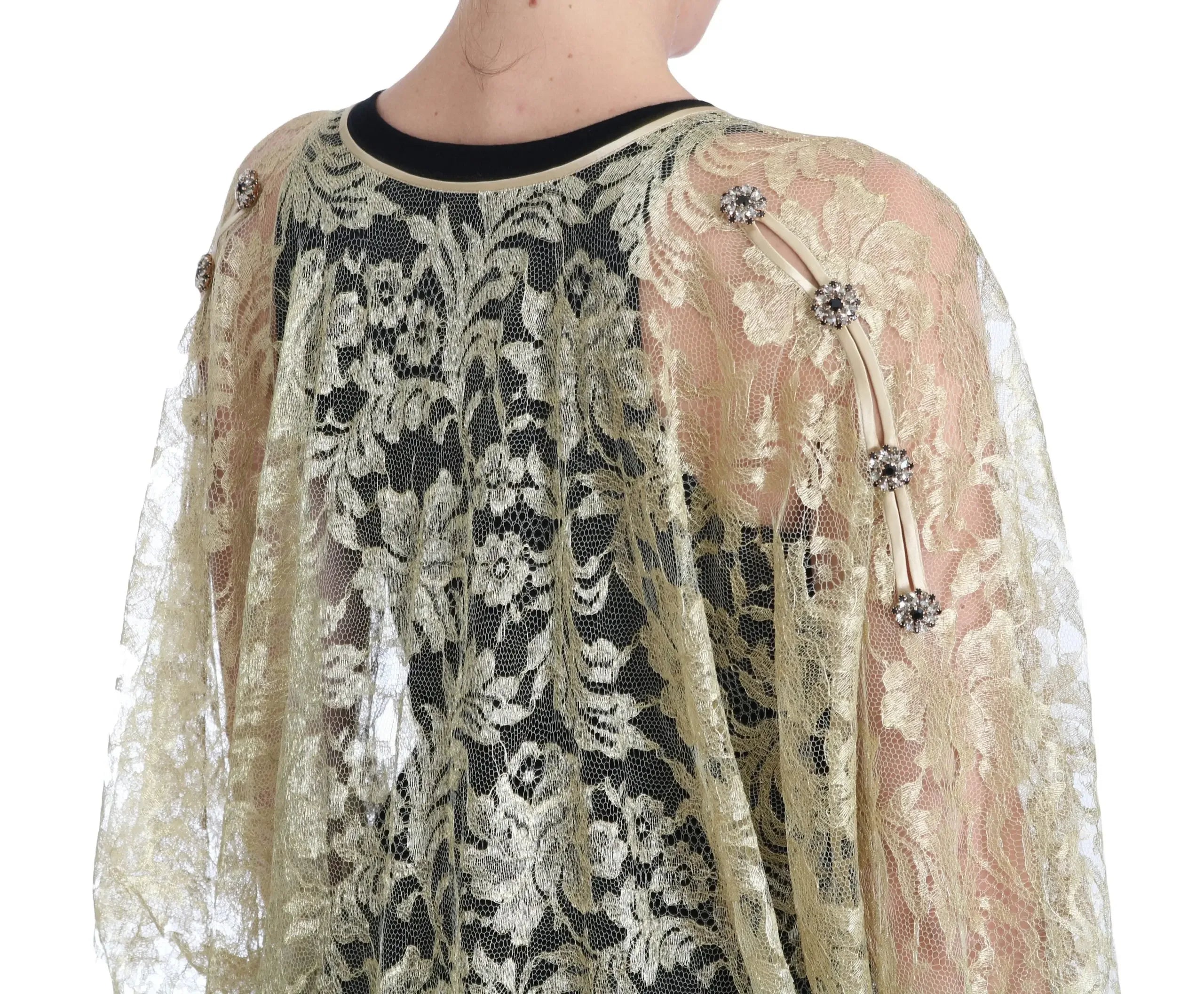 Dolce & Gabbana Gold Floral Lace Crystal Gown Cape Dress - Zeiniez