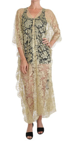Dolce & Gabbana Gold Floral Lace Crystal Gown Cape Dress - Zeiniez
