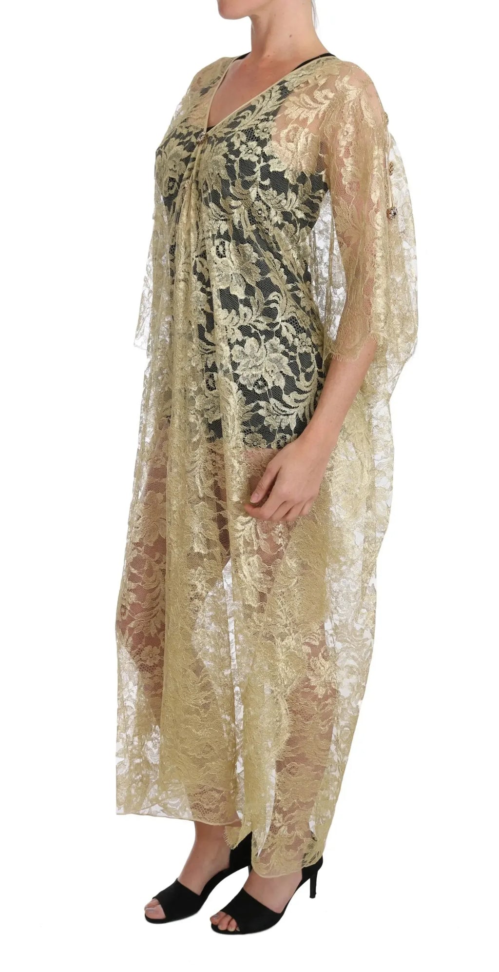 Dolce & Gabbana Gold Floral Lace Crystal Gown Cape Dress - Zeiniez