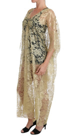 Dolce & Gabbana Gold Floral Lace Crystal Gown Cape Dress - Zeiniez