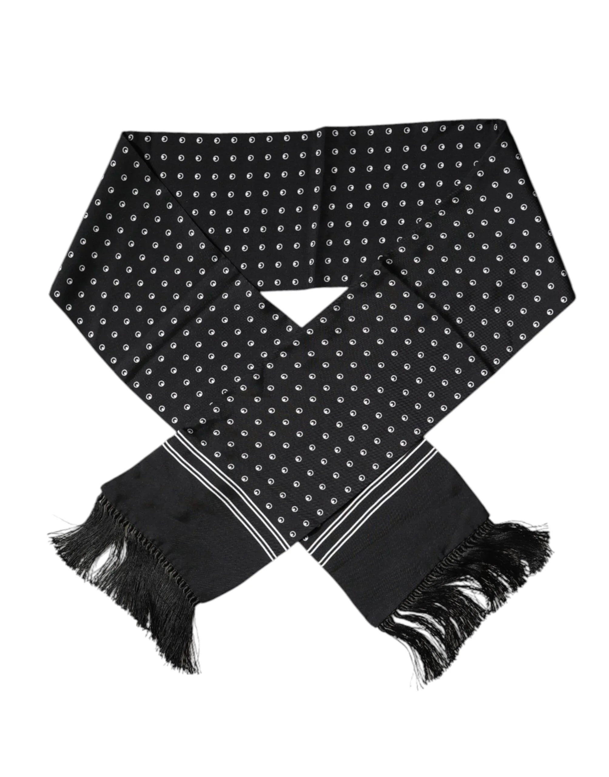Dolce & Gabbana Black White Polka Dotted Silk Skinny Fringes Scarf - Zeiniez