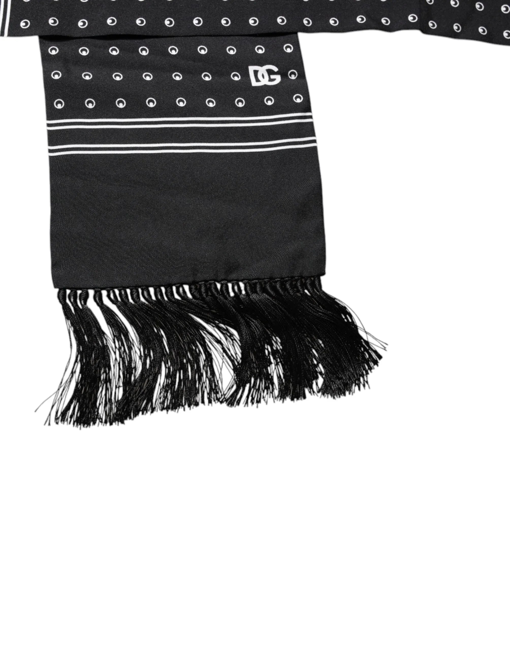 Dolce & Gabbana Black White Polka Dotted Silk Skinny Fringes Scarf - Zeiniez