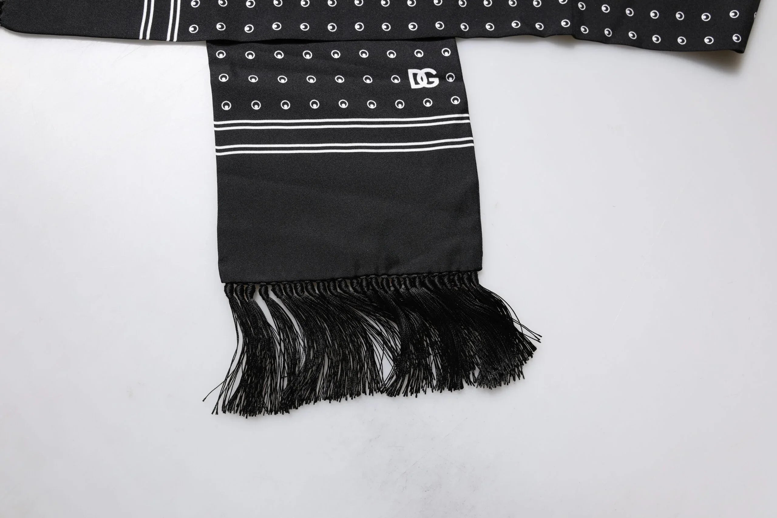 Dolce & Gabbana Black White Polka Dotted Silk Skinny Fringes Scarf - Zeiniez