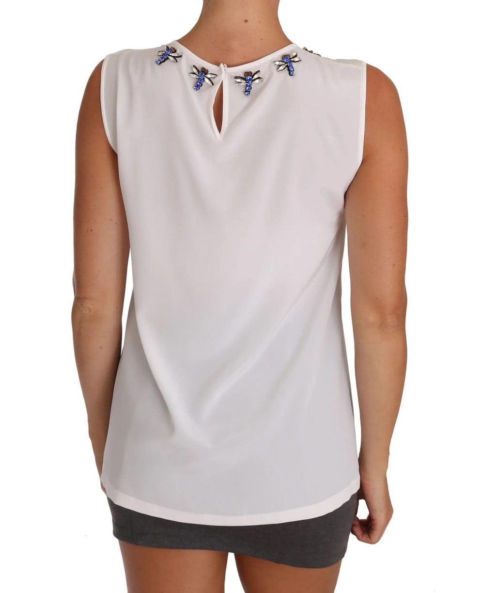 Dolce & Gabbana White Silk Crystal Embellished Fly T-shirt - Zeiniez