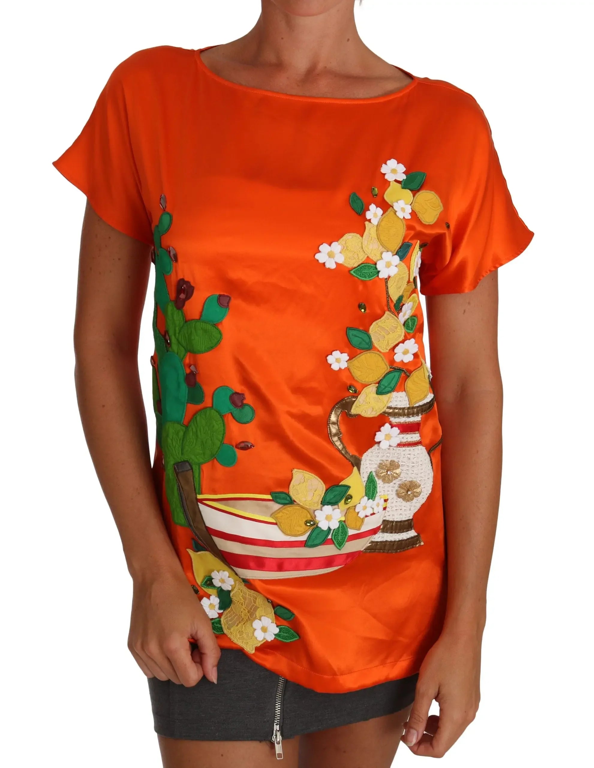 Dolce & Gabbana Silk Orange Lemon Crystal T-shirt Top - Zeiniez