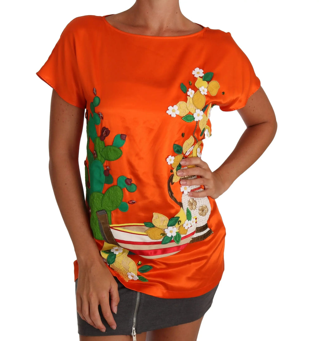 Dolce & Gabbana Silk Orange Lemon Crystal T-shirt Top - Zeiniez