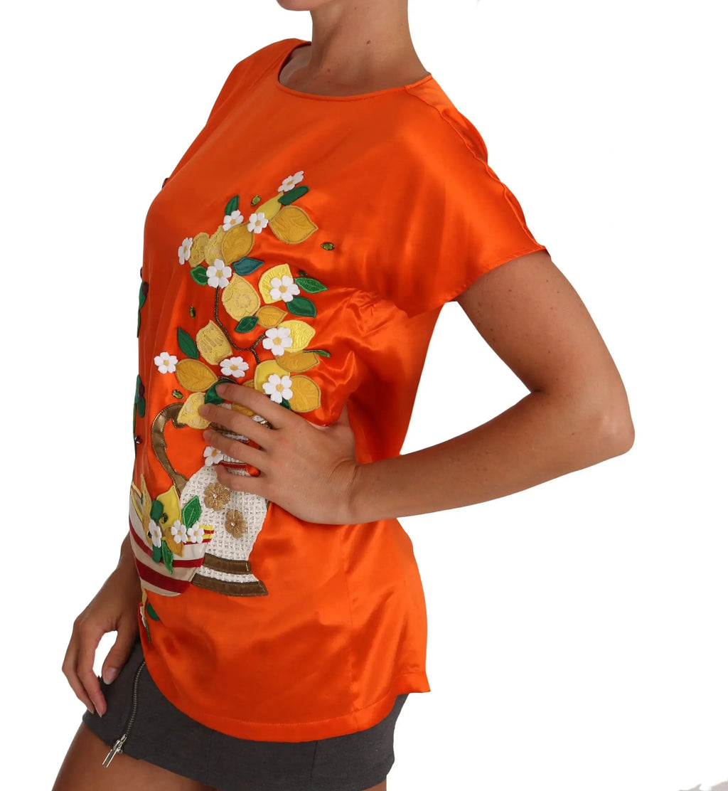 Dolce & Gabbana Silk Orange Lemon Crystal T-shirt Top - Zeiniez