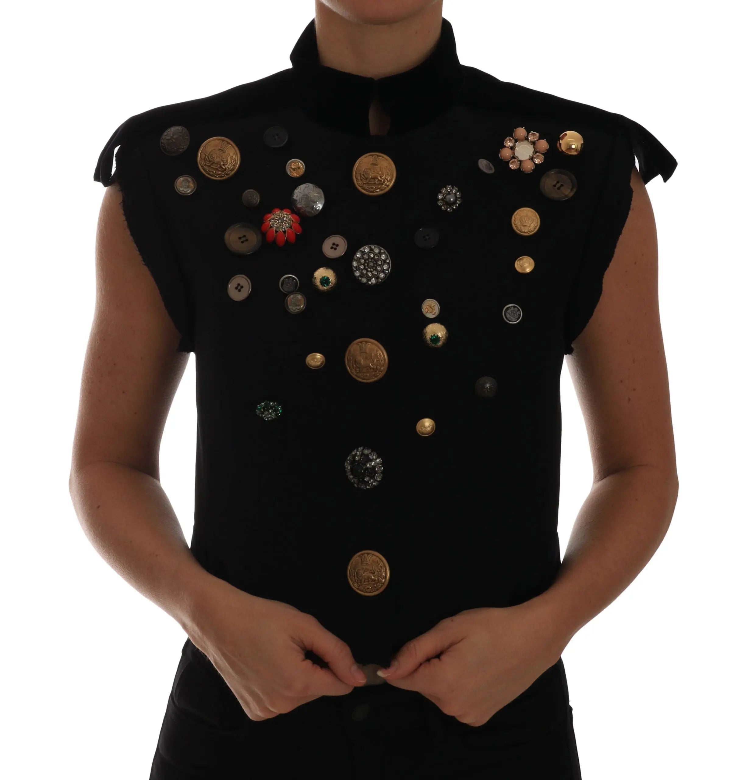 Dolce & Gabbana Black Embellished Floral Military Jacket Vest - Zeiniez
