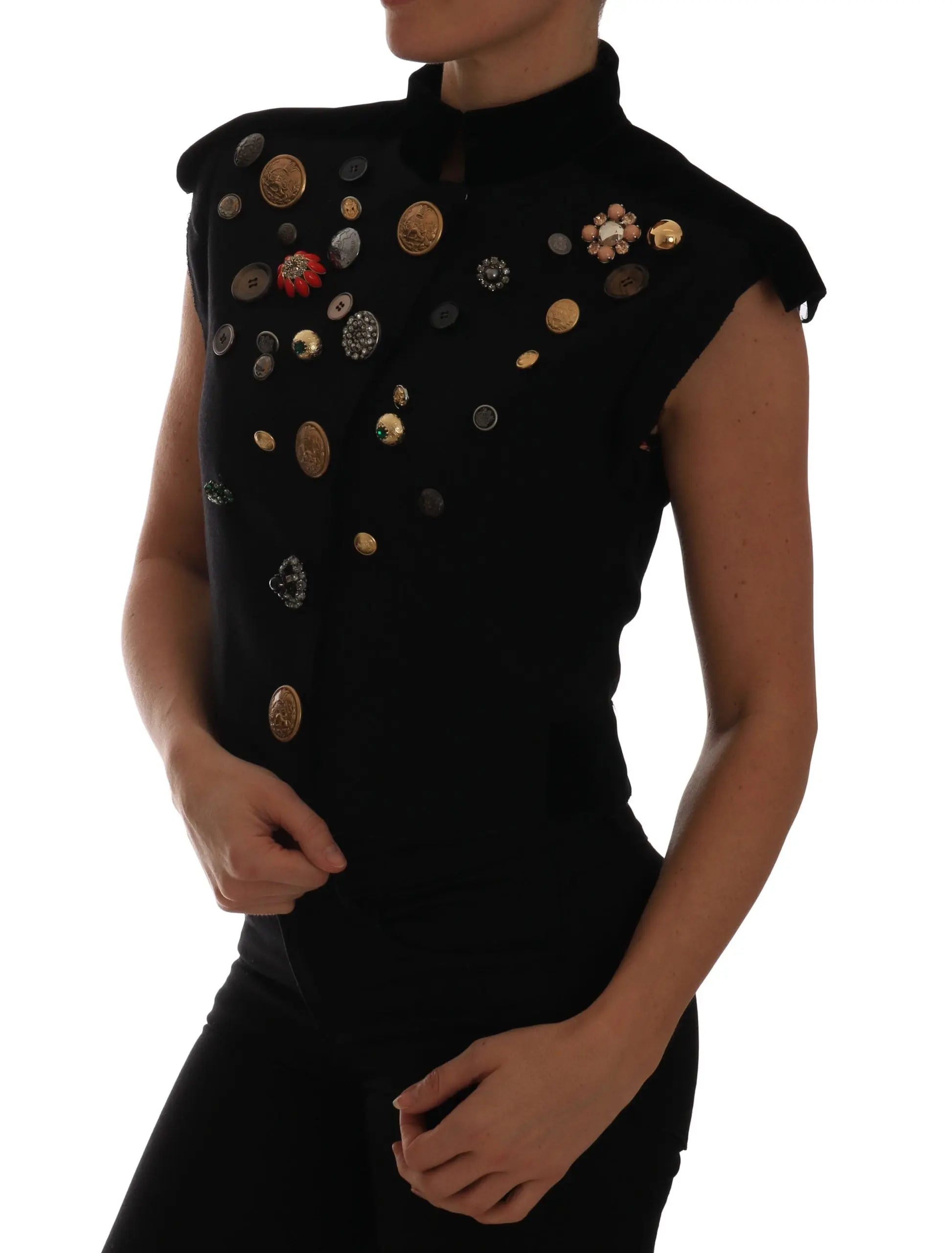 Dolce & Gabbana Black Embellished Floral Military Jacket Vest - Zeiniez
