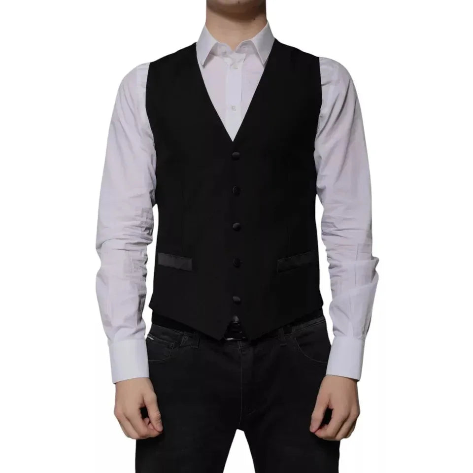 Dolce & Gabbana Black Wool Formal Dress Men Waistcoat Vest - Zeiniez