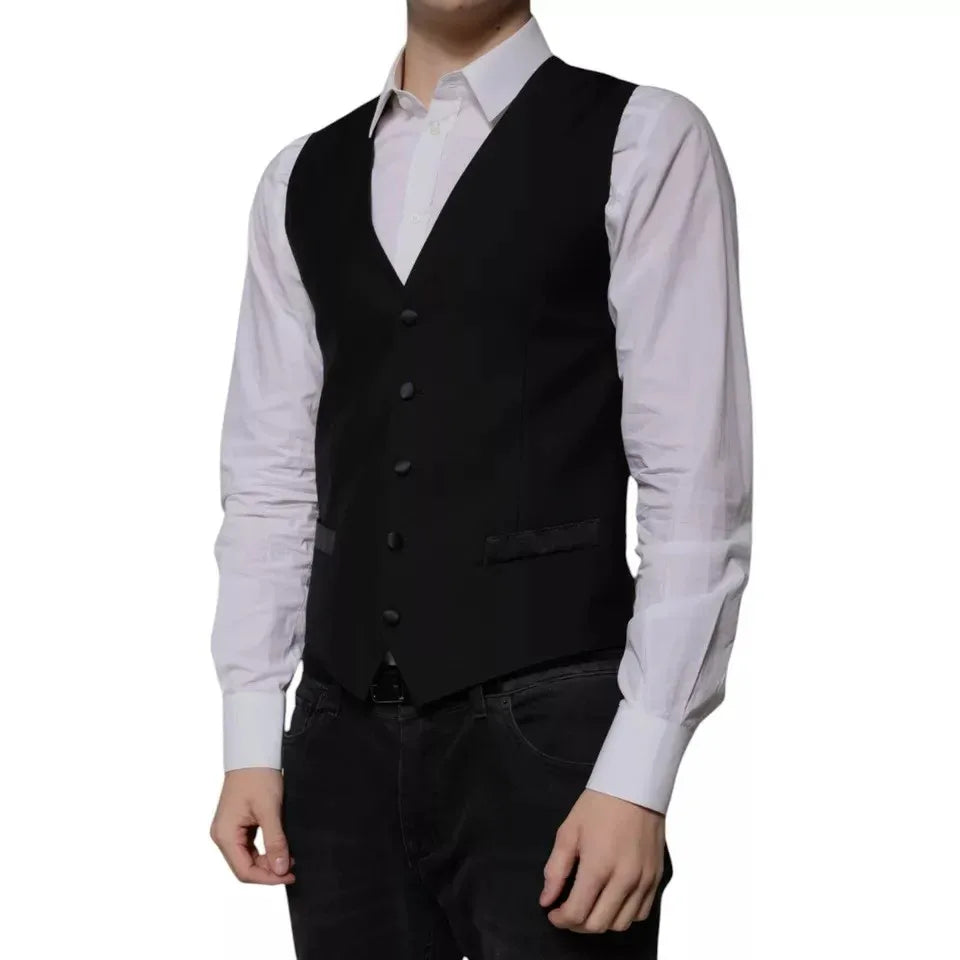 Dolce & Gabbana Black Wool Formal Dress Men Waistcoat Vest - Zeiniez