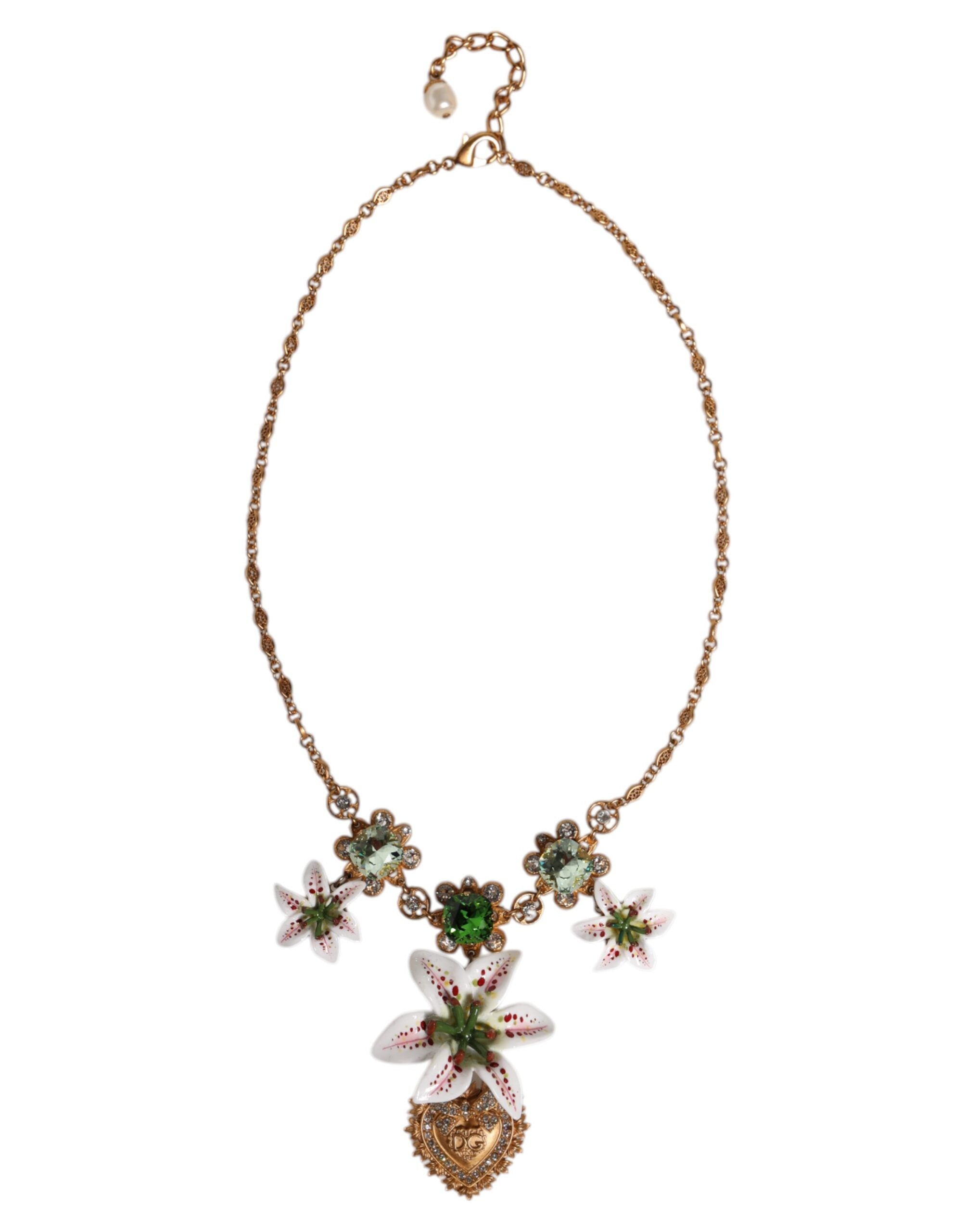 Dolce & Gabbana Gold Brass Lily Crystal Sacred Heart Pendant Necklace - Zeiniez