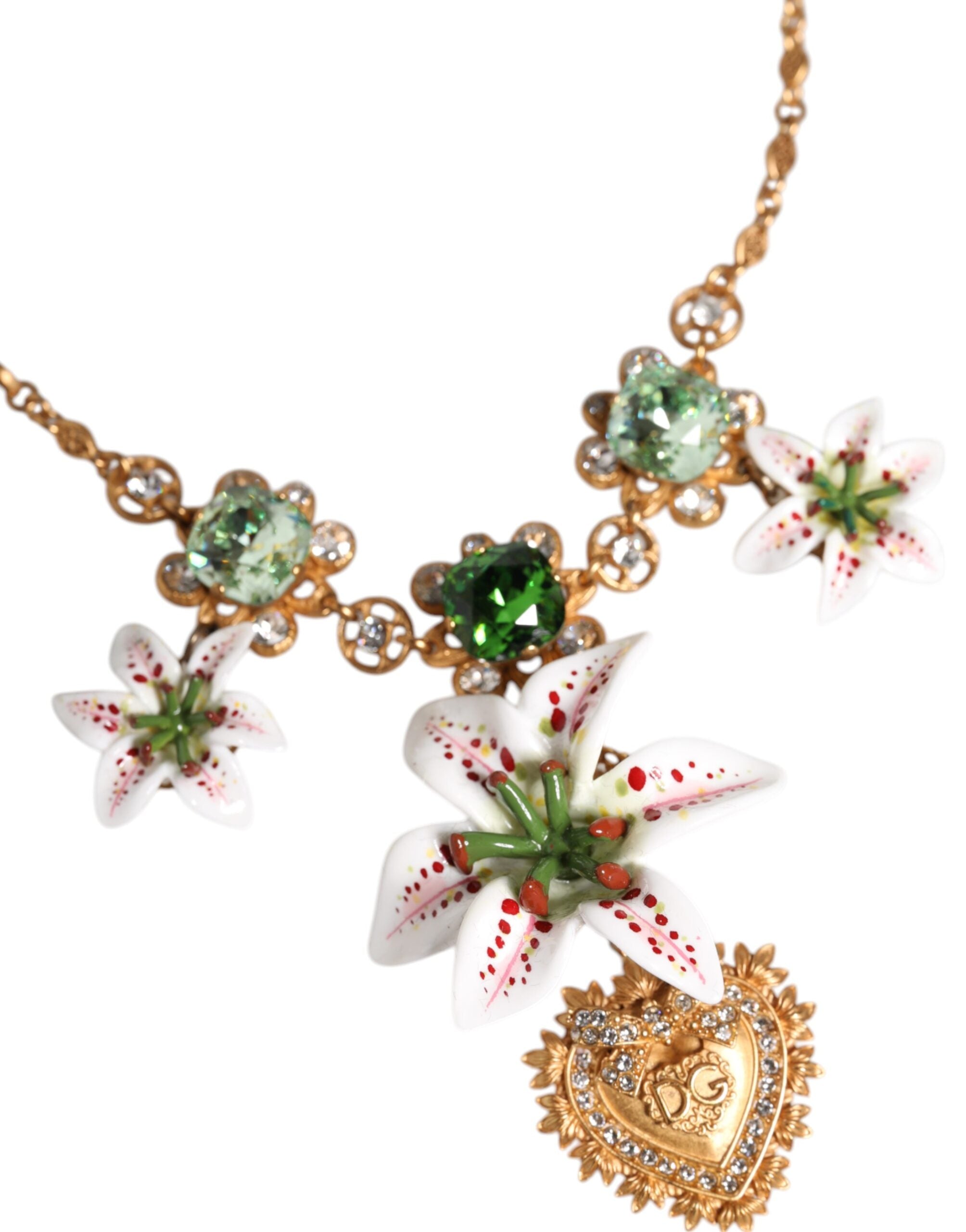 Dolce & Gabbana Gold Brass Lily Crystal Sacred Heart Pendant Necklace - Zeiniez